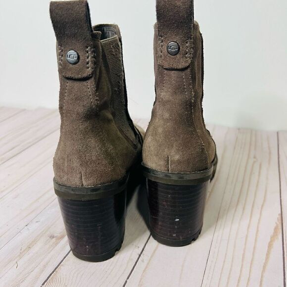 UGG Hazel Brown Taupe Suede Leather Chunky Block Heel Ankle Boots - Picture 4 of 10